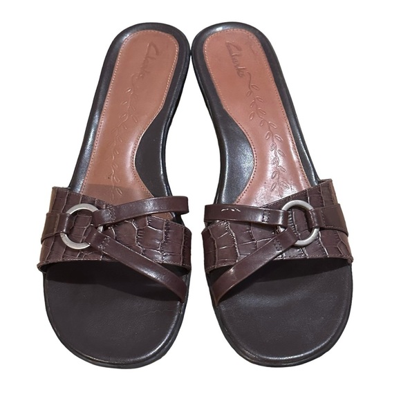 Clarks Brown Leather Faux Croc Heel Slip On Sandals 75676 Size‎ 9 M - Picture 4 of 15